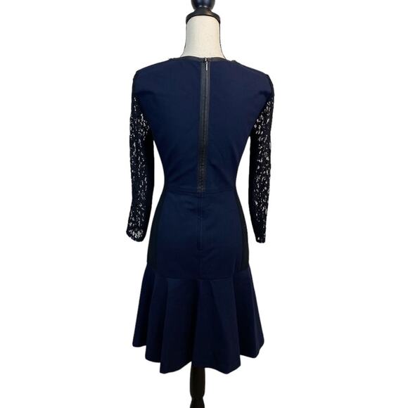 Rebecca Taylor Navy Lace Sleeve Fit and Flare Size XS Faux Leather Trim - Picture 2 of 10